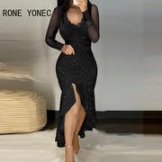 Women Glitter Chic Lace  V Neck Long Sleeves High Silt Maxi Mermaid Bodycon Formal Party Dresses