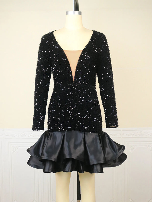 Plus Size Sexy Sequin Dress Black Velvet Deep V Neck