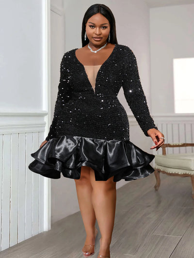 Plus Size Sexy Sequin Dress Black Velvet Deep V Neck