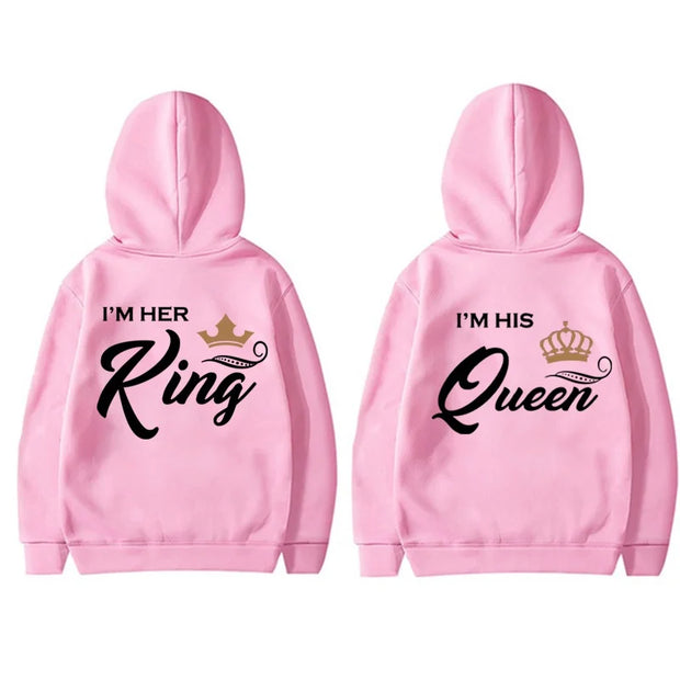 Fashion King & Queen Couple Hoodies Long Sleeve Pullover Couples Matching Outfits