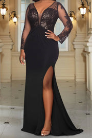 Plus Size Formal Knitted Black V Neck Long Sleeve Split See Through Lace Maxi Dresses