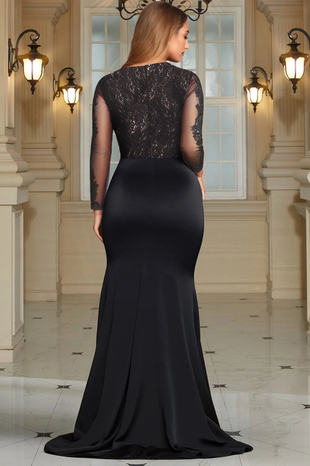 Plus Size Formal Knitted Black V Neck Long Sleeve Split See Through Lace Maxi Dresses